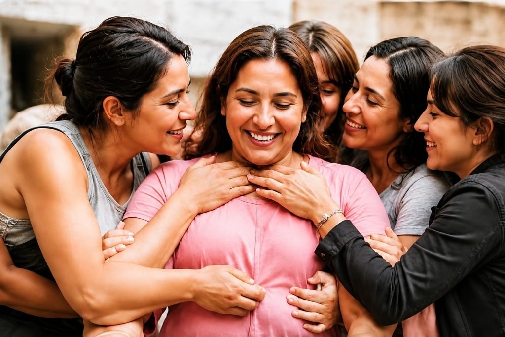 Grupo de mujeres abrazándose con apoyo y alegría