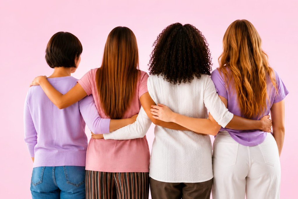 Cuatro mujeres abrazadas de espaldas, unidas en comunidad